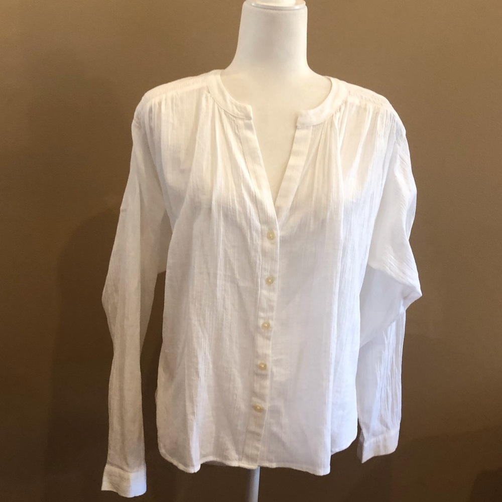 Loft White Lightweight Button Front Top with Gathering on the Shoulders, Size S